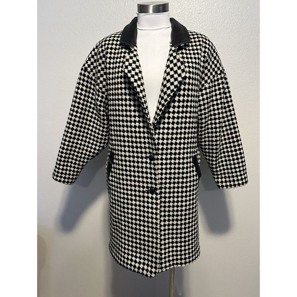 VTG Pioneer Western Wear USA Wool Leather Check Houndstooth Barn Chore Jacket M